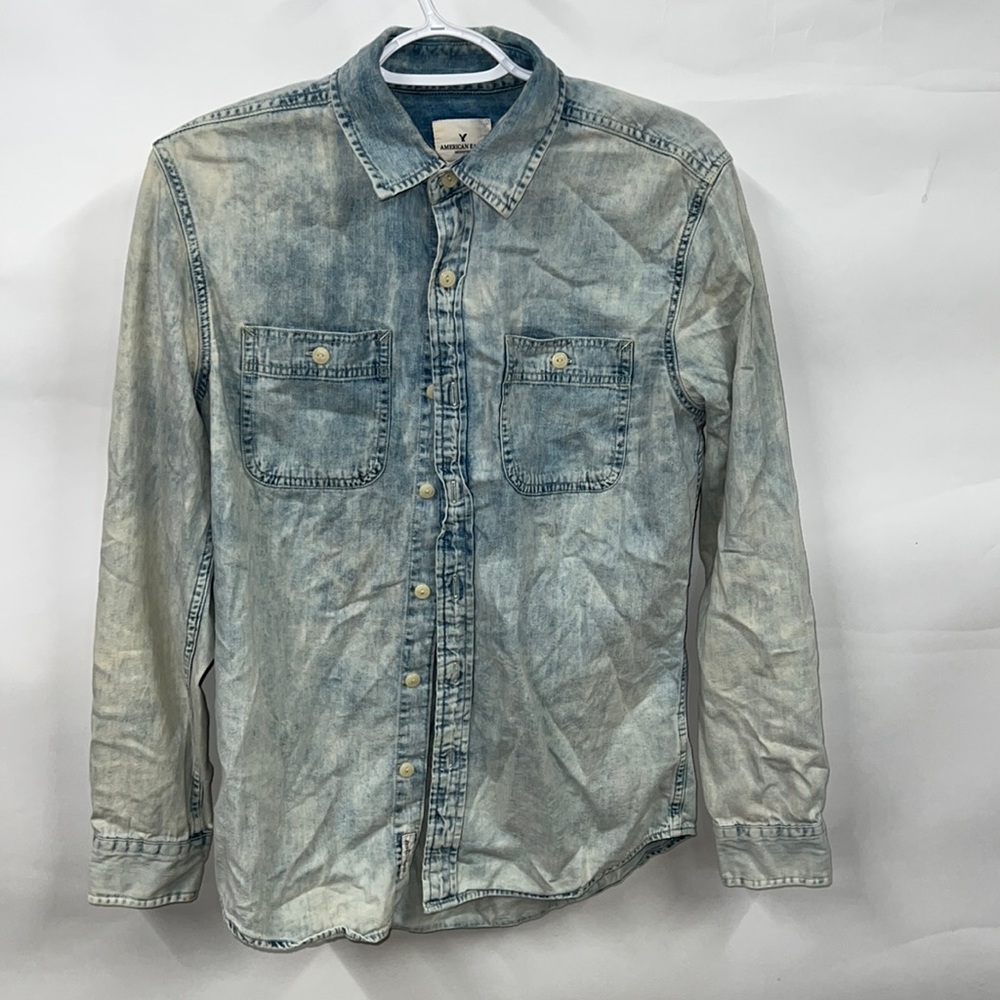Men's American Eagle AE Denim Pearl Snap Shirt SZ S Bleached Distressed